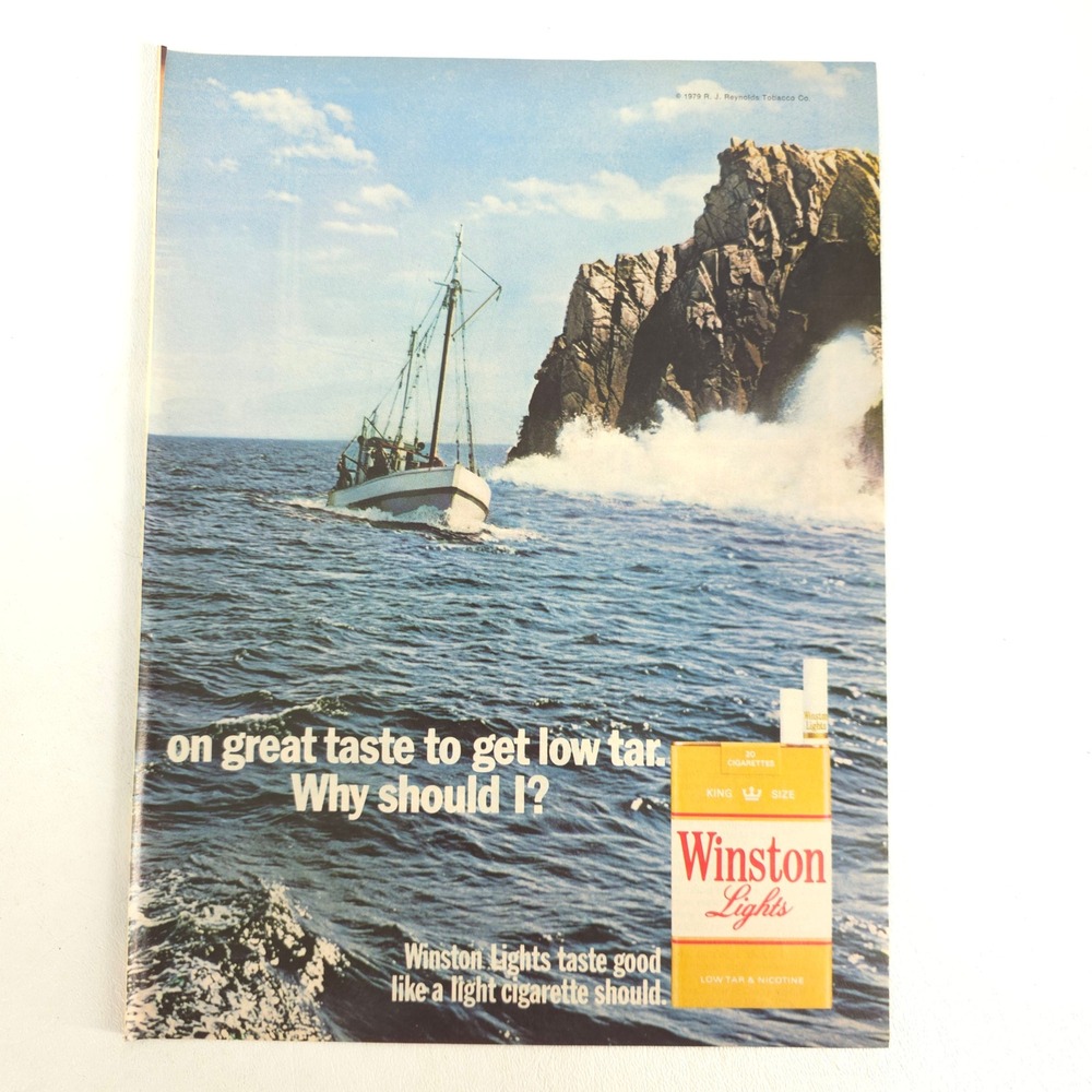 Winston Lights Print Ad Fishing Boat Ocean Vintage Tobacco Garage Wall Decor